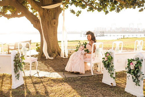Beautiful blush romantic wedding inspiration shoot by Hearts Content Events at Hermitage Museum and Gardens with vintage and eclectic furniture rentals by Paisley and Jade 