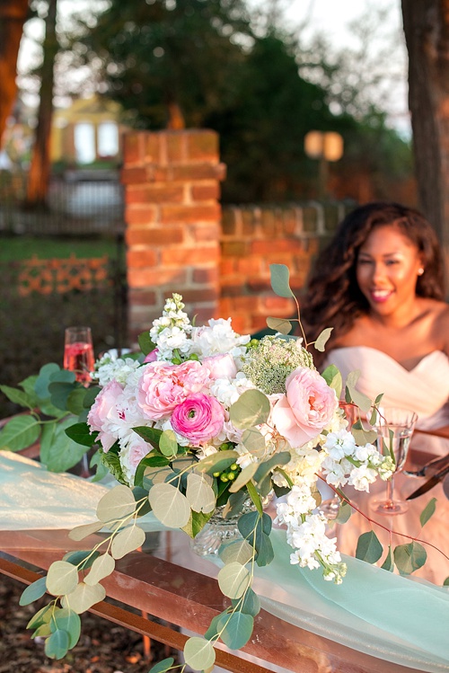 Beautiful blush romantic wedding inspiration shoot by Hearts Content Events at Hermitage Museum and Gardens with vintage and eclectic furniture rentals by Paisley and Jade 