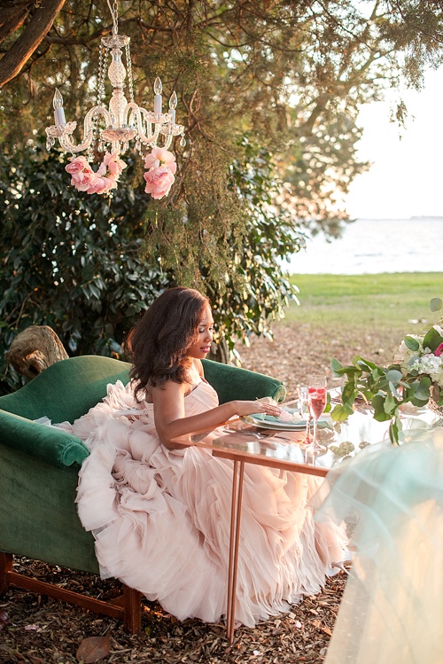 Beautiful blush romantic wedding inspiration shoot by Hearts Content Events at Hermitage Museum and Gardens with vintage and eclectic furniture rentals by Paisley and Jade 