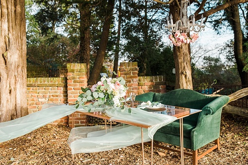 Beautiful blush romantic wedding inspiration shoot by Hearts Content Events at Hermitage Museum and Gardens with vintage and eclectic furniture rentals by Paisley and Jade 