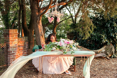 Beautiful blush romantic wedding inspiration shoot by Hearts Content Events at Hermitage Museum and Gardens with vintage and eclectic furniture rentals by Paisley and Jade 