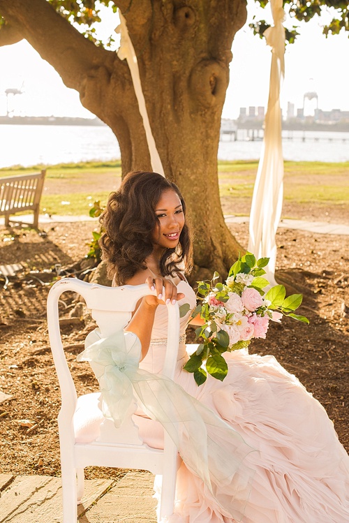 Beautiful blush romantic wedding inspiration shoot by Hearts Content Events at Hermitage Museum and Gardens with vintage and eclectic furniture rentals by Paisley and Jade 