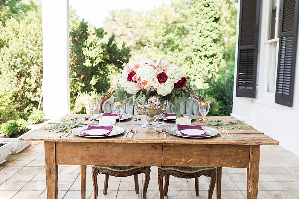 Romantic marsala inspired wedding at Alwyngton Manor in Virginia with vintage and specialty furniture rentals provided by Paisley and Jade