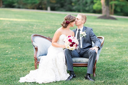 Romantic marsala inspired wedding at Alwyngton Manor in Virginia with vintage and specialty furniture rentals provided by Paisley and Jade 