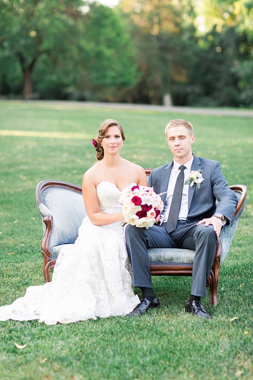 Romantic marsala inspired wedding at Alwyngton Manor in Virginia with vintage and specialty furniture rentals provided by Paisley and Jade 