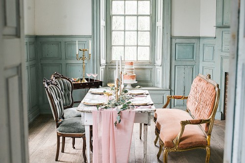 Romantic pastel wedding inspiration at Salubria with eclectic and vintage furniture rentals by Paisley and Jade