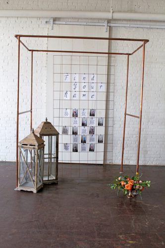 Modern metallic photo display and seating chart by Paisley and Jade