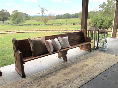 Vintage oak church pew available for rent for weddings and events by Paisley and Jade 