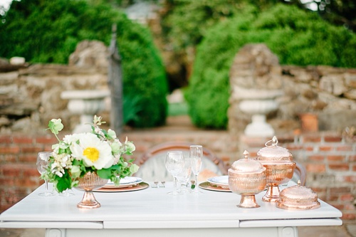 Romantic vow renewal styled shoot with copper accents at Pharsalia with specialty rentals by Paisley and Jade 