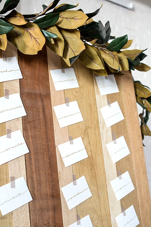 Simple and chic guest seating charts created with rental pieces by Paisley and Jade 