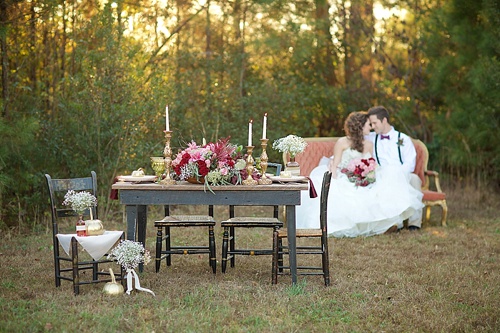 Beautiful cranberry inspired Fall styled shoot in a Virginia Forest with specialty rentals by Paisley and Jade 