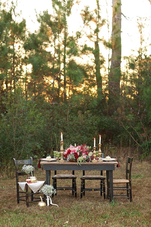 Beautiful cranberry inspired Fall styled shoot in a Virginia Forest with specialty rentals by Paisley and Jade 