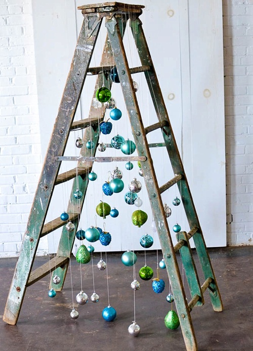 Fun and Fun Christmas Tree inspiration using a vintage wooden ladder from Paisley and Jade at Highpoint and Moore 