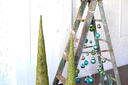 Fun and Fun Christmas Tree inspiration using a vintage wooden ladder from Paisley and Jade at Highpoint and Moore