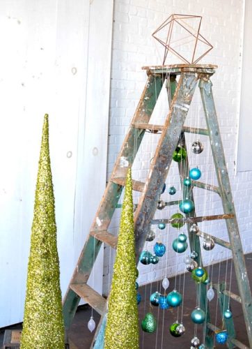 Fun and Fun Christmas Tree inspiration using a vintage wooden ladder from Paisley and Jade at Highpoint and Moore