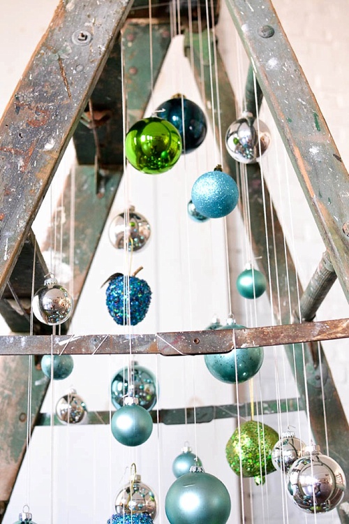 Fun and Fun Christmas Tree inspiration using a vintage wooden ladder from Paisley and Jade at Highpoint and Moore 