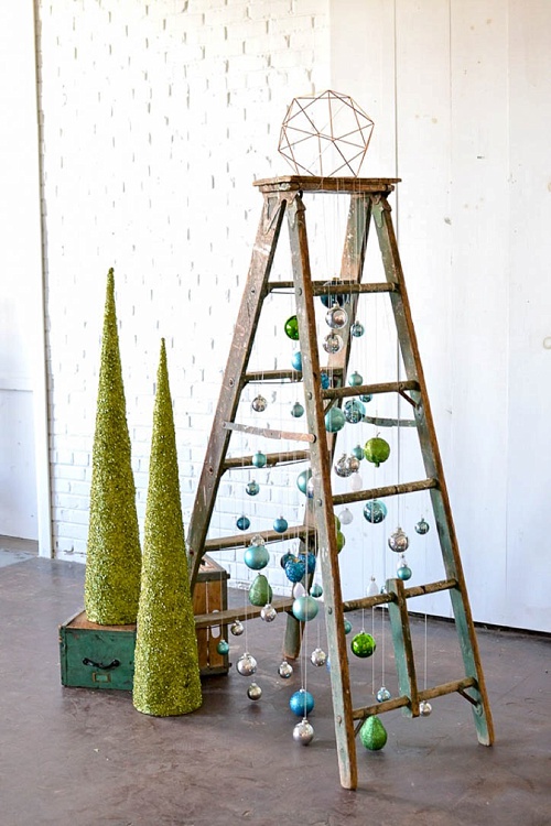 Fun and Fun Christmas Tree inspiration using a vintage wooden ladder from Paisley and Jade at Highpoint and Moore 