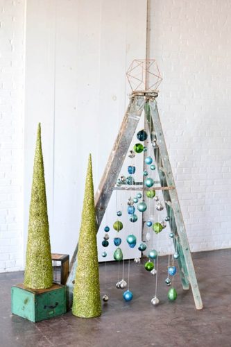 Fun and Fun Christmas Tree inspiration using a vintage wooden ladder from Paisley and Jade at Highpoint and Moore