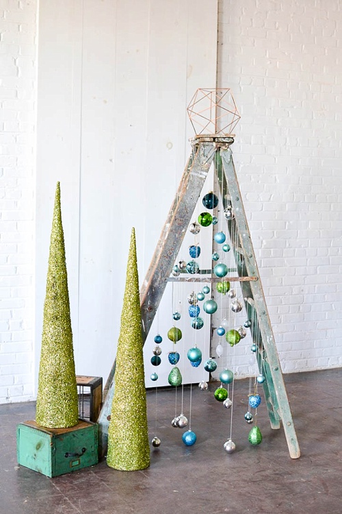 Fun and Fun Christmas Tree inspiration using a vintage wooden ladder from Paisley and Jade at Highpoint and Moore 