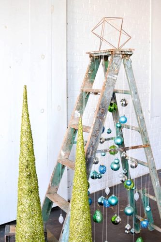 Fun and Fun Christmas Tree inspiration using a vintage wooden ladder from Paisley and Jade at Highpoint and Moore