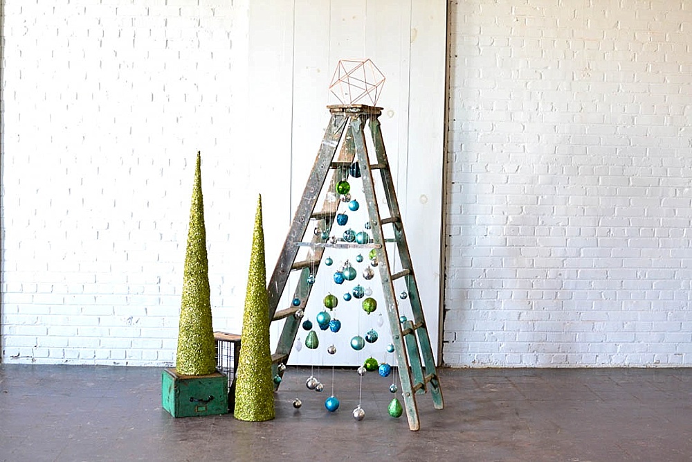 Fun and Fun Christmas Tree inspiration using a vintage wooden ladder from Paisley and Jade at Highpoint and Moore