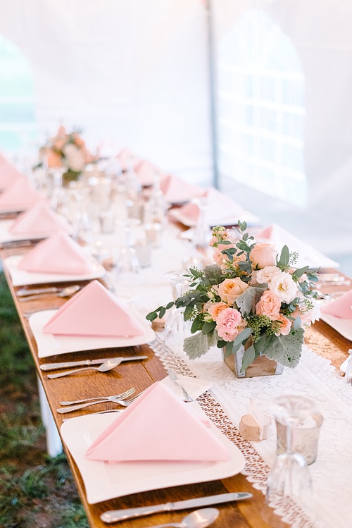 Pretty pink and white outdoor wedding at Prospect Hill Plantation with specialty rentals by Paisley & Jade 