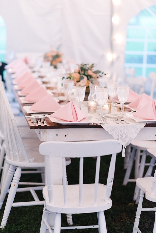 Pretty pink and white outdoor wedding at Prospect Hill Plantation with specialty rentals by Paisley & Jade 