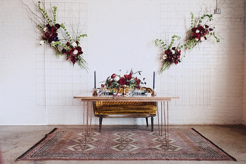 Eclectic and artsy wedding inspiration at The Hofheimer Building in Richmond Va with specialty rentals by Paisley & Jade. Images by Alex C Tenser Photography 