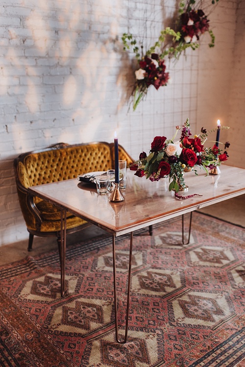 Eclectic and artsy wedding inspiration at The Hofheimer Building in Richmond Va with specialty rentals by Paisley & Jade. Images by Alex C Tenser Photography 