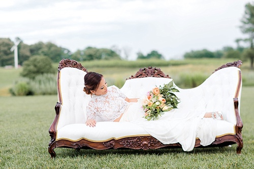 Peach & white wedding inspiration styled shoot at Early Mountain Vineyards with specialty and vintage rentals by Paisley & Jade 