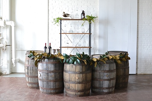 Half Moon Barrel Bar created with pieces available for rent by Paisley & Jade