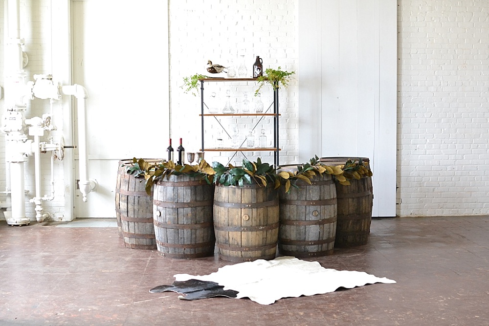 Half Moon Barrel Bar created with vintage and specialty rental times by Paisley & Jade