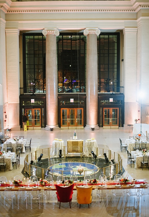 Whimsical and eclectic wedding at the Science Museum of Virginia captured by Jessica Maida Photography with specialty rentals by Paisley & Jade 