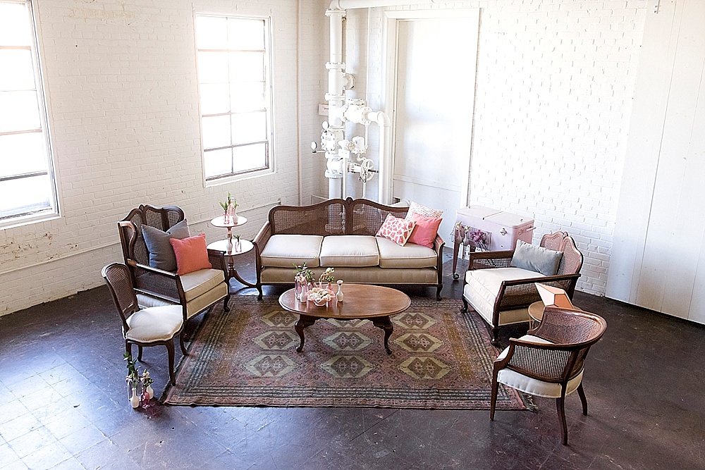 Patterson Collection lounge styled with fun and feminine accents all available for rent by Paisley & Jade