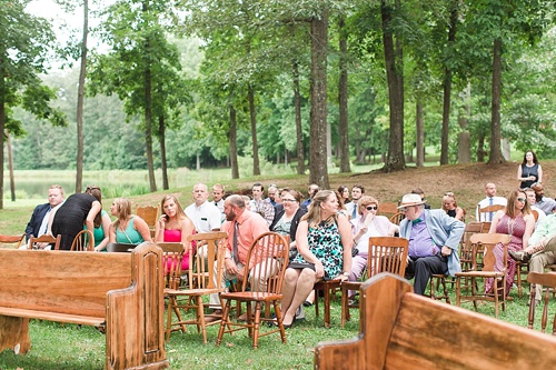 Gorgeous outdoor wedding ceremony on the campus of Hampden-Sydney College in Virginia featuring ceremony seating by Paisley & Jade 