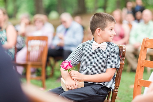 Gorgeous outdoor wedding ceremony on the campus of Hampden-Sydney College in Virginia featuring ceremony seating by Paisley & Jade 