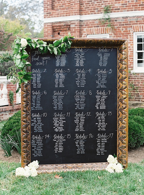 Beautiful custom hand-lettering and calligraphy of guest seating charts and menus for events and weddings with rental items and services provided by Paisley & Jade