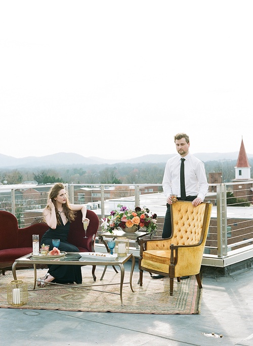 Stylish and Modern Wedding Inspiration Photo Shoot on a Charlottesville Rooftop with Vintage and Eclectic rentals by Paisley & Jade