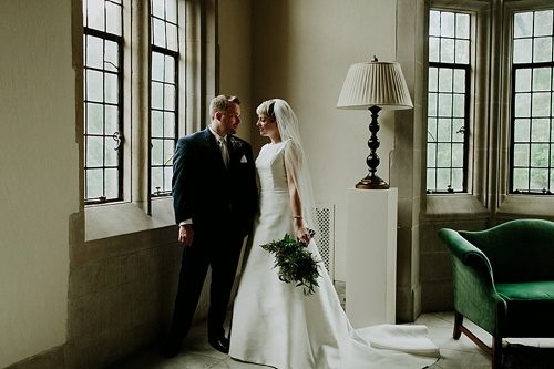 Elegant Emerald and White Winter Wedding at The Branch Museum of Architecture & Design in Richmond, Va with specialty lounge rentals by Paisley & Jade