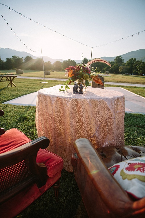 Beautiful boho-chic outdoor wedding at Blue Toad Cidery in Nelson County, Virginia with specialty rentals by Paisley & Jade 