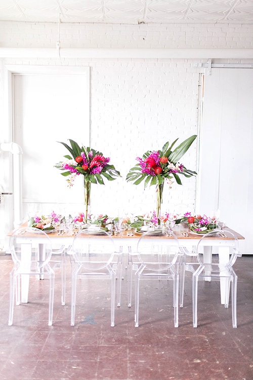 Tropical and white wedding inspiration with showroom and specialty rentals by Paisley & Jade 