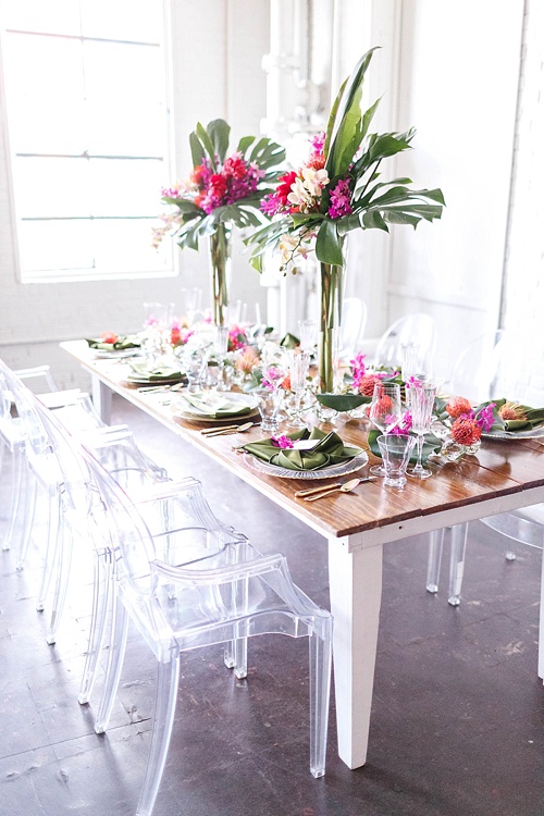 Tropical and white wedding inspiration with showroom and specialty rentals by Paisley & Jade 