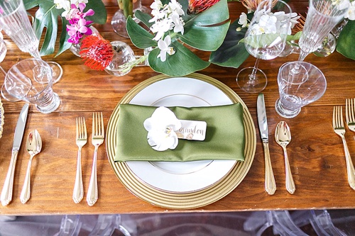 Tropical and white wedding inspiration with showroom and specialty rentals by Paisley & Jade 