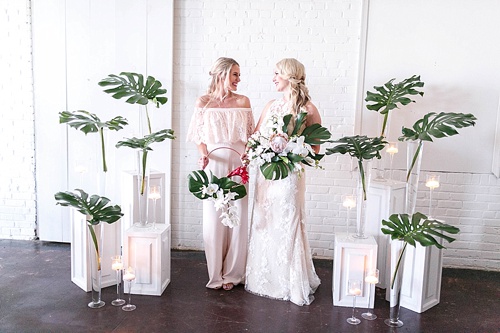 Tropical and white wedding inspiration with showroom and specialty rentals by Paisley & Jade 