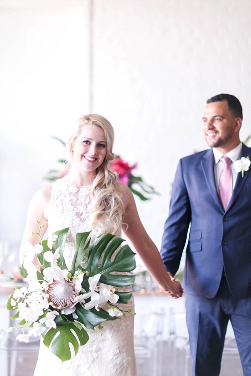 Tropical and white wedding inspiration with showroom and specialty rentals by Paisley & Jade 