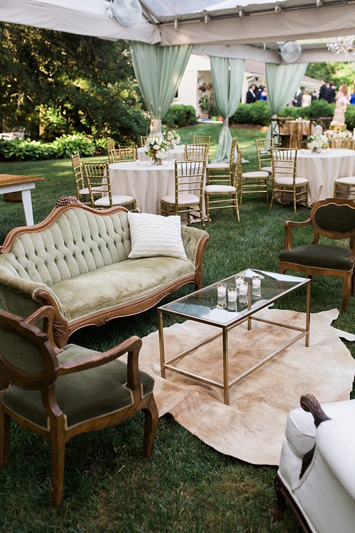 Lush and Lovely wedding reception at a private residence in Virginia with vintage and specialty rentals by Paisley & Jade