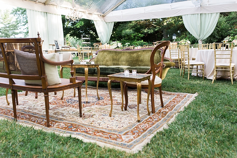 Lush and Lovely wedding reception at a private residence in Virginia with vintage and specialty rentals by Paisley & Jade