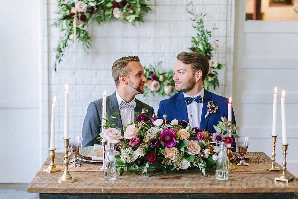 Gorgeous styled shoot with two handsome grooms at Highpoint and Moore with space, vintage and specialty rentals by Paisley and Jade