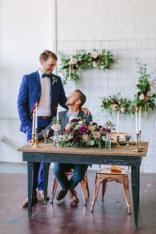 Gorgeous styled shoot with two handsome grooms at Highpoint and Moore with space, vintage and specialty rentals by Paisley and Jade 