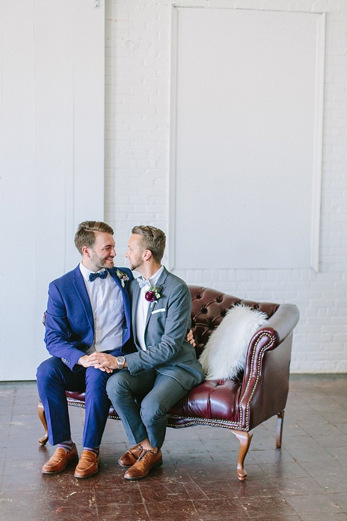 Gorgeous styled shoot with two handsome grooms at Highpoint and Moore with space, vintage and specialty rentals by Paisley and Jade 